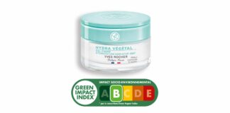 site-industries-cosmetiques 一罐浅绿色盖子的伊夫-罗歇 Hydra Végétal 凝露霜上贴着 "48 小时不间断保湿 "的标签，适用于中性至混合性皮肤。绿色影响指数（Green Impact Index）将其评为 "C "级，可根据从 A 到 E 的色标对产品进行评估。